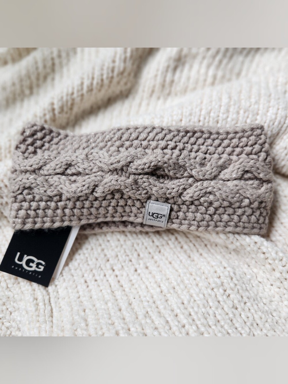 UGG Cable Knit Metallic Sequin Headband Ear Warmer OS Taupe